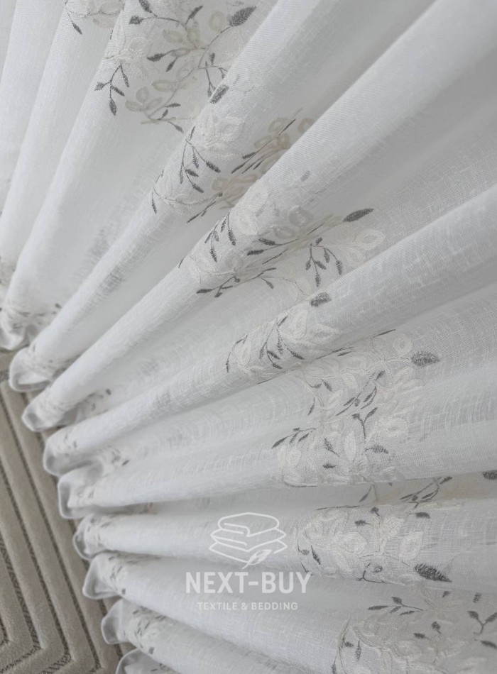Тюль льон білий з рельєфною флористичною вишивкою Linen Elegance Natural White & Gray Туреччина - Зображення 7