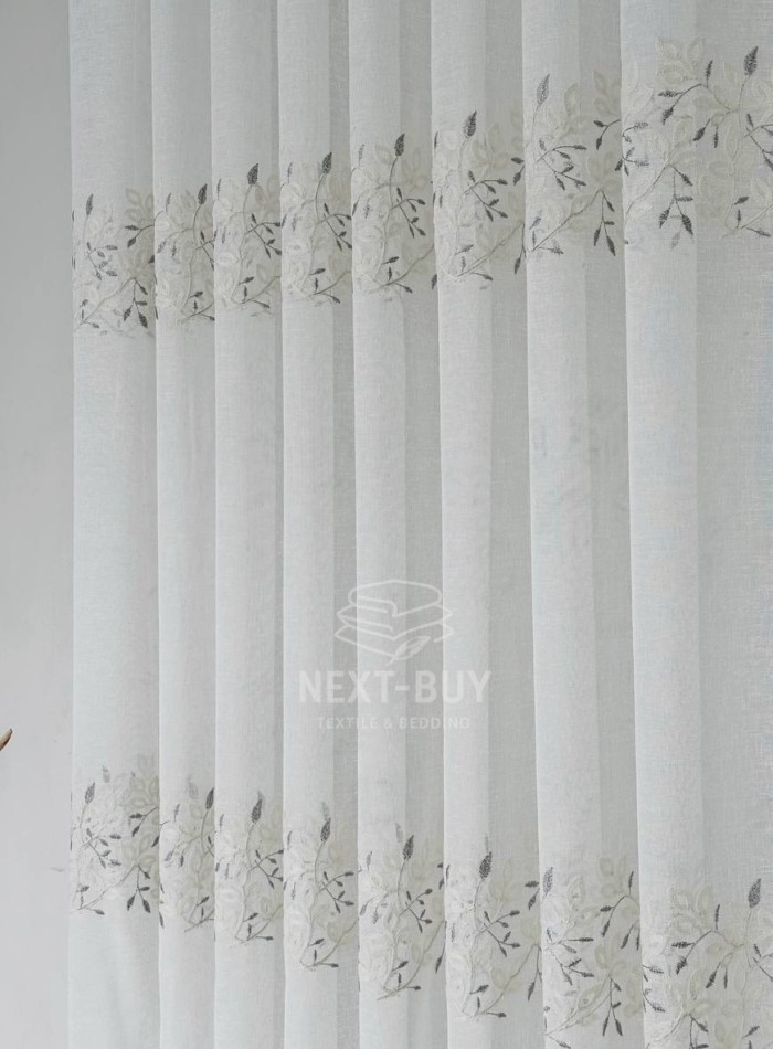 Тюль льон білий з рельєфною флористичною вишивкою Linen Elegance Natural White & Gray Туреччина - Зображення 8