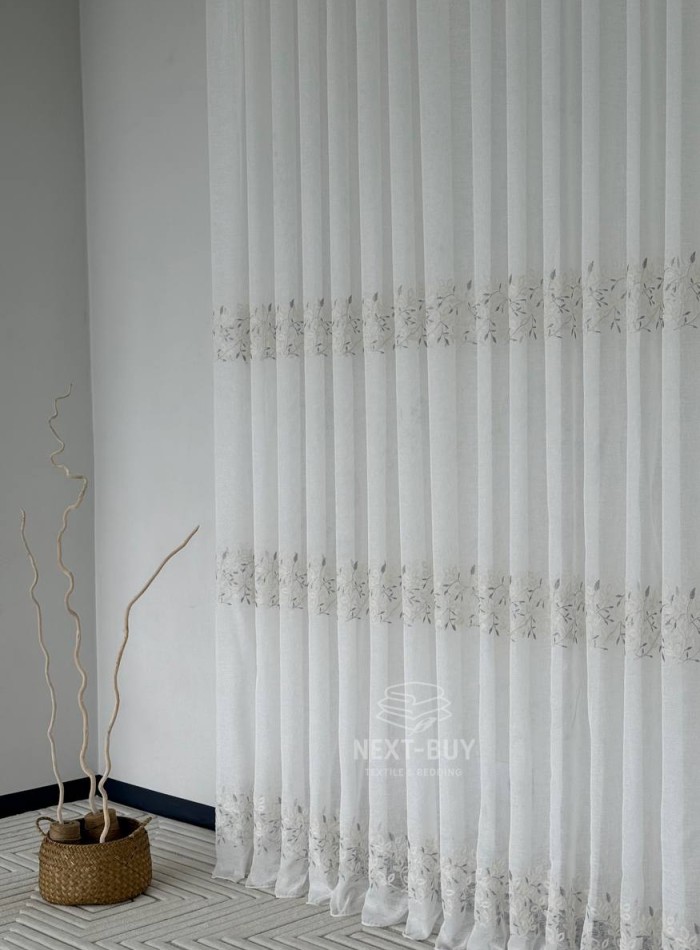 Тюль льон білий з рельєфною флористичною вишивкою Linen Elegance Natural White & Gray Туреччина - Зображення 9