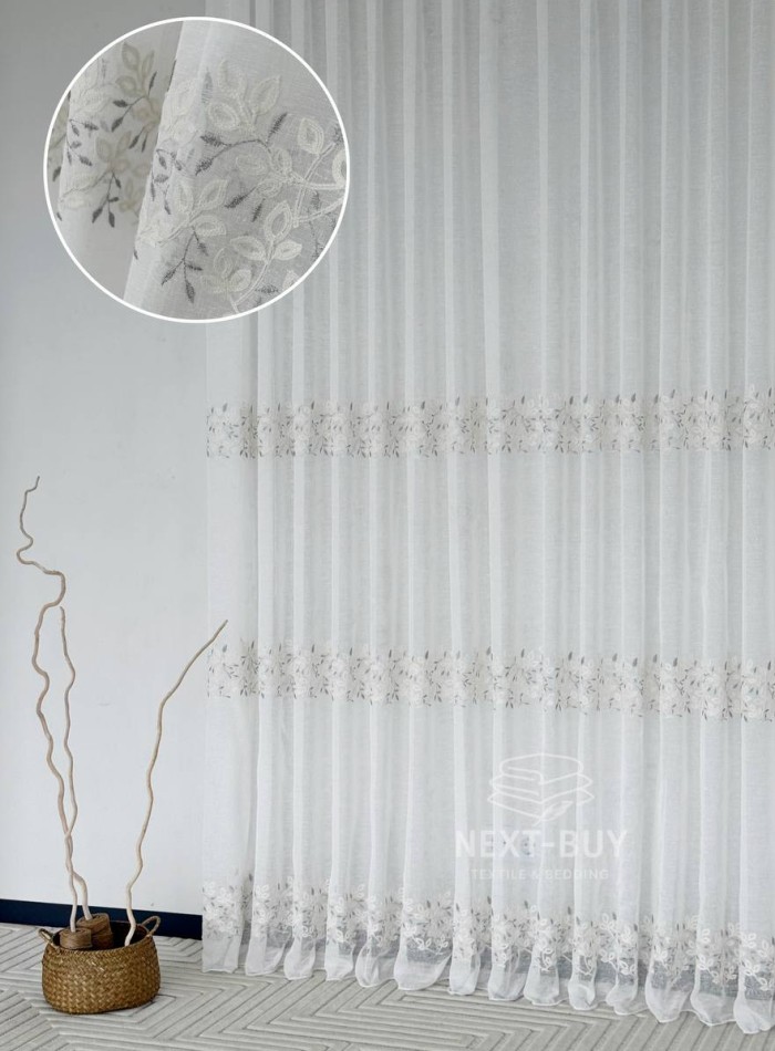 Тюль льон білий з рельєфною флористичною вишивкою Linen Elegance Natural White & Gray Туреччина - Зображення 10