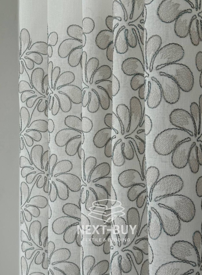 Тюль белый лён с цветочной вышивкой Linen Bloom Whisper – White & Beige with Turquoise Thread Италия — изображение 5