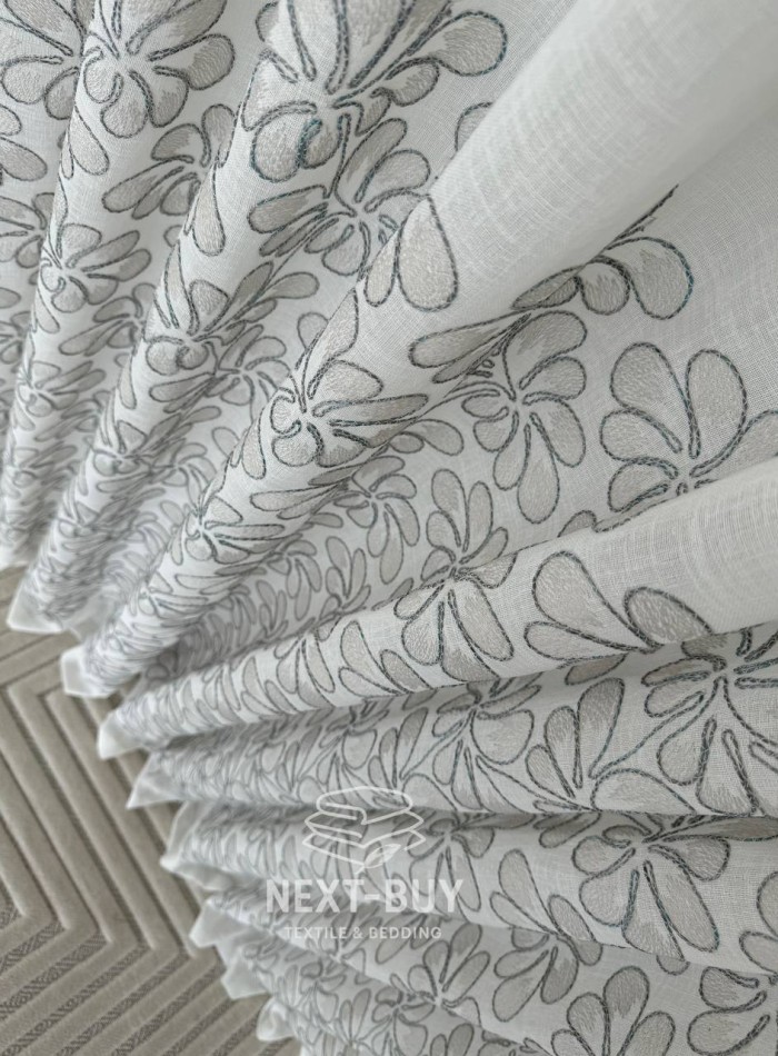 Тюль белый лён с цветочной вышивкой Linen Bloom Whisper – White & Beige with Turquoise Thread Италия — изображение 6