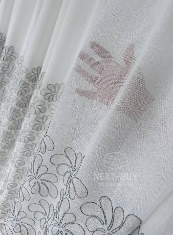 Тюль белый лён с цветочной вышивкой Linen Bloom Whisper – White & Beige with Turquoise Thread Италия — изображение 3