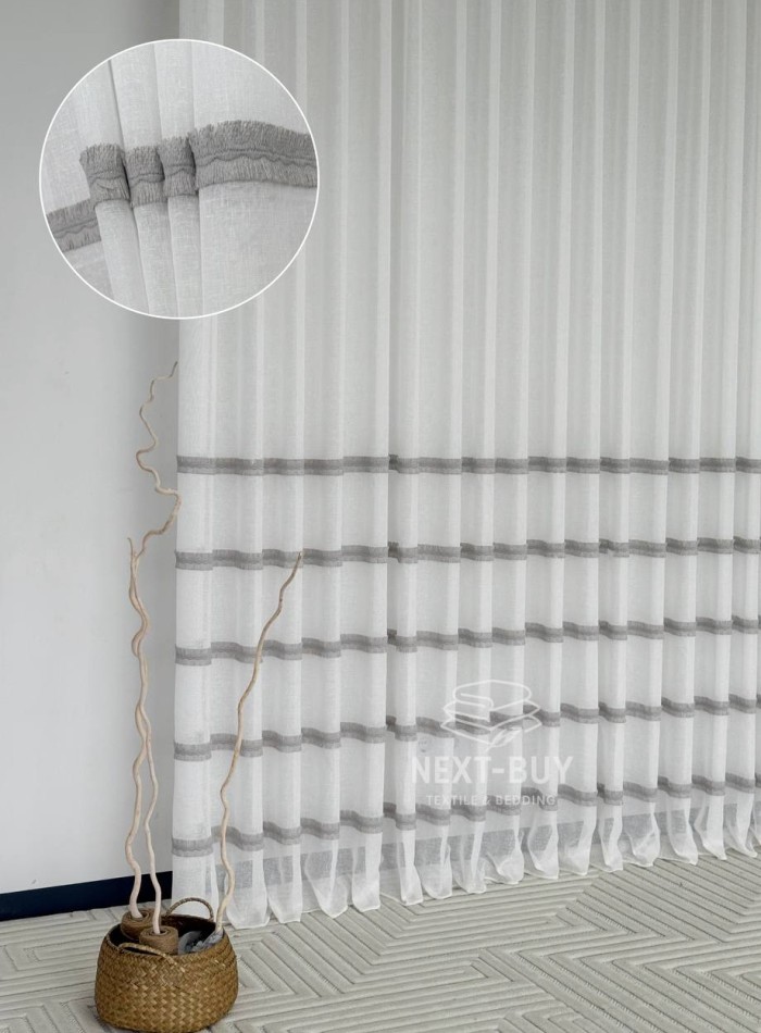 Тюль льон з сірою аплікацією у смужку Linen Grace Silver Lines, Італія - Зображення 2