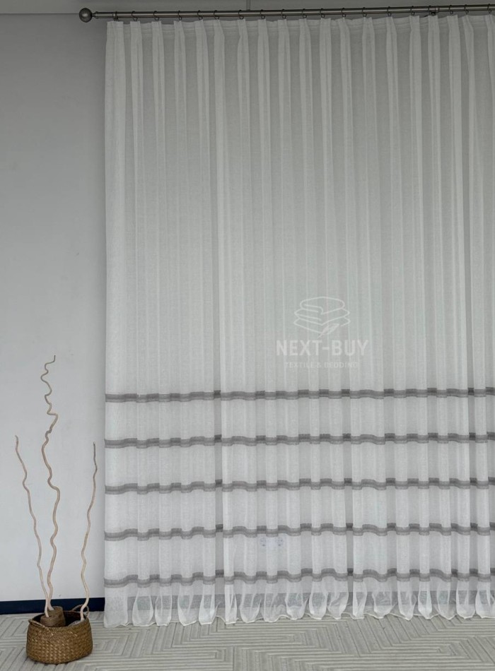 Тюль льон з сірою аплікацією у смужку Linen Grace Silver Lines, Італія - Зображення 9