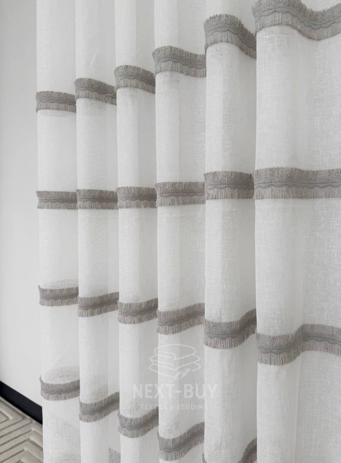Тюль льон з сірою аплікацією у смужку Linen Grace Silver Lines, Італія - Зображення 4