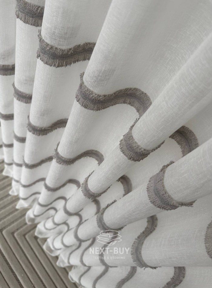 Тюль льон з сірою аплікацією у смужку Linen Grace Silver Lines, Італія - Зображення 7