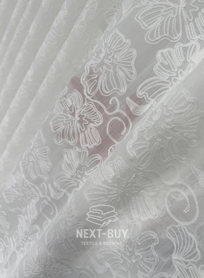 Тюль білий льон з квітковою вишивкою Bianca Fiora White Linen, Італія - Зображення 3