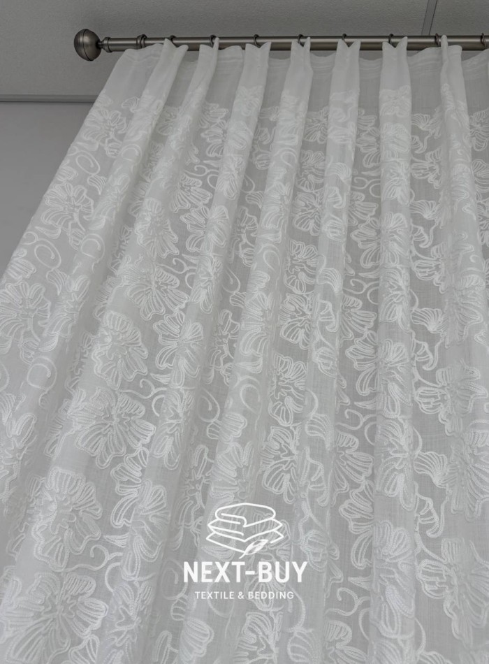 Тюль білий льон з квітковою вишивкою Bianca Fiora White Linen, Італія - Зображення 6