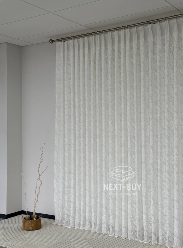 Тюль білий льон з квітковою вишивкою Bianca Fiora White Linen, Італія - Зображення 8