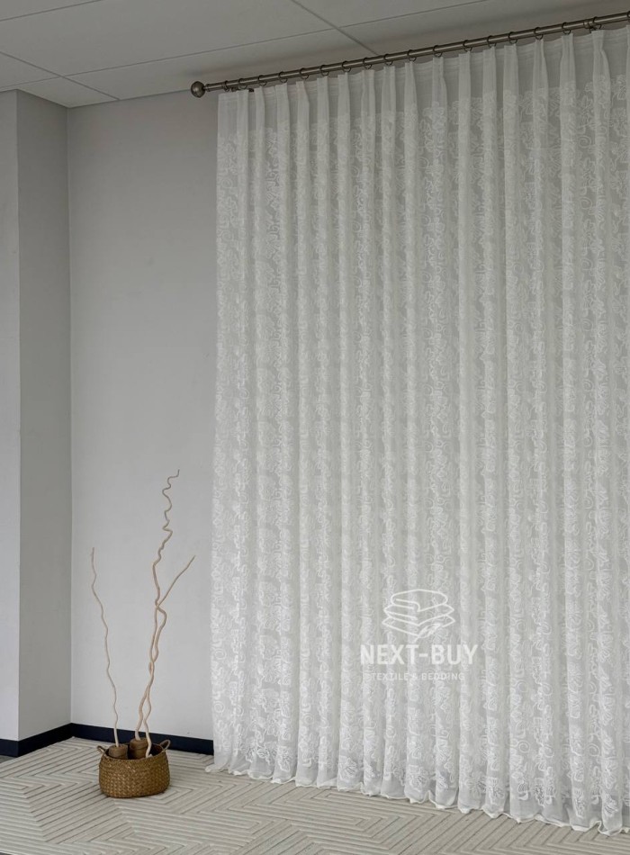 Тюль білий льон з квітковою вишивкою Bianca Fiora White Linen, Італія - Зображення 9
