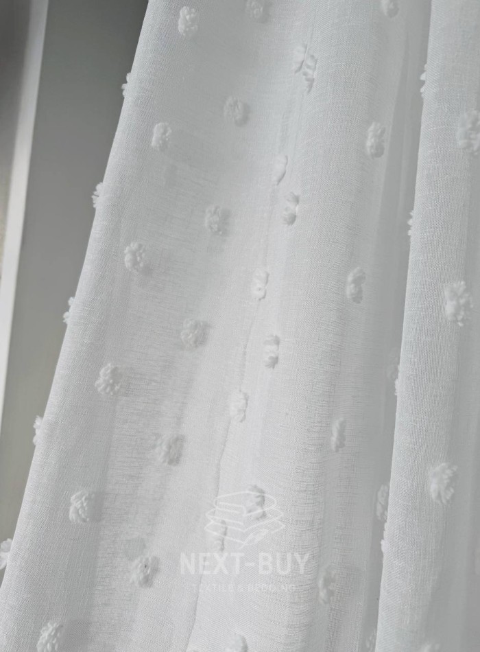 Тюль з 3D помпонами Linen Dots Ecru Туреччина - Зображення 3