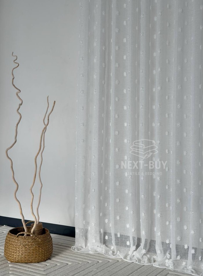 Тюль з 3D помпонами Linen Dots Ecru Туреччина - Зображення 2