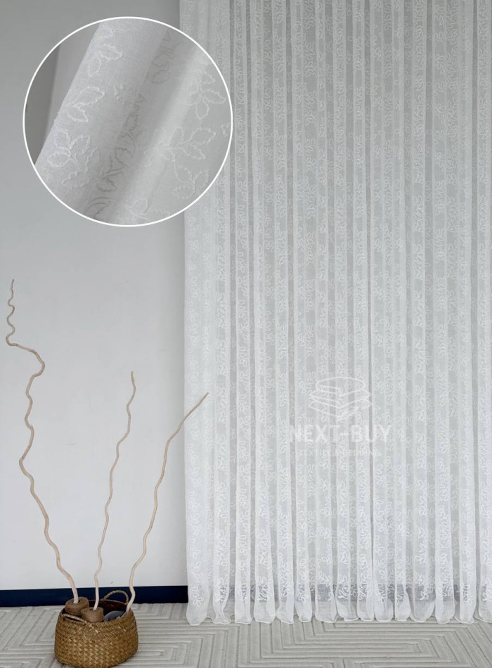 Тюль білий льон з вишивкою в листочки Linen Whisper White, Туреччина - Зображення 2