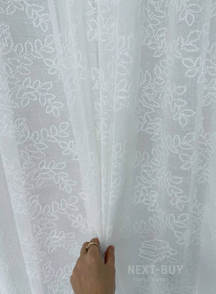 Тюль білий льон з вишивкою в листочки Linen Whisper White, Туреччина - Зображення 3