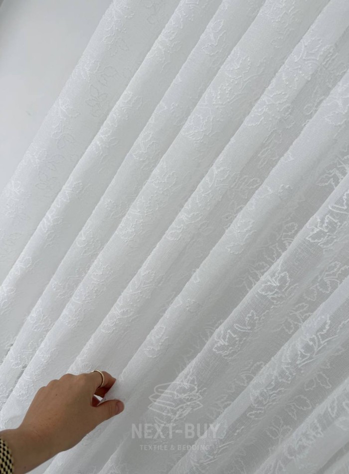 Тюль білий льон з вишивкою в листочки Linen Whisper White, Туреччина - Зображення 4