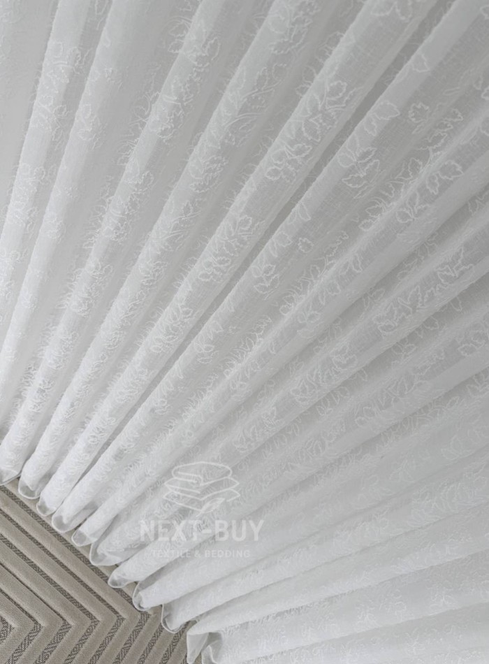 Тюль білий льон з вишивкою в листочки Linen Whisper White, Туреччина - Зображення 7