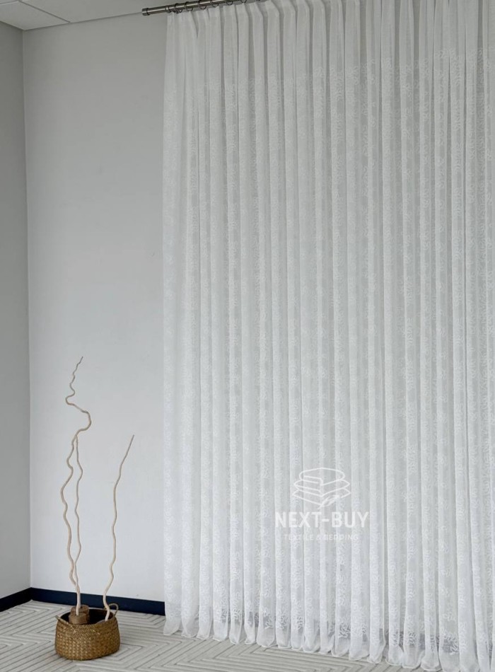 Тюль білий льон з вишивкою в листочки Linen Whisper White, Туреччина - Зображення 8