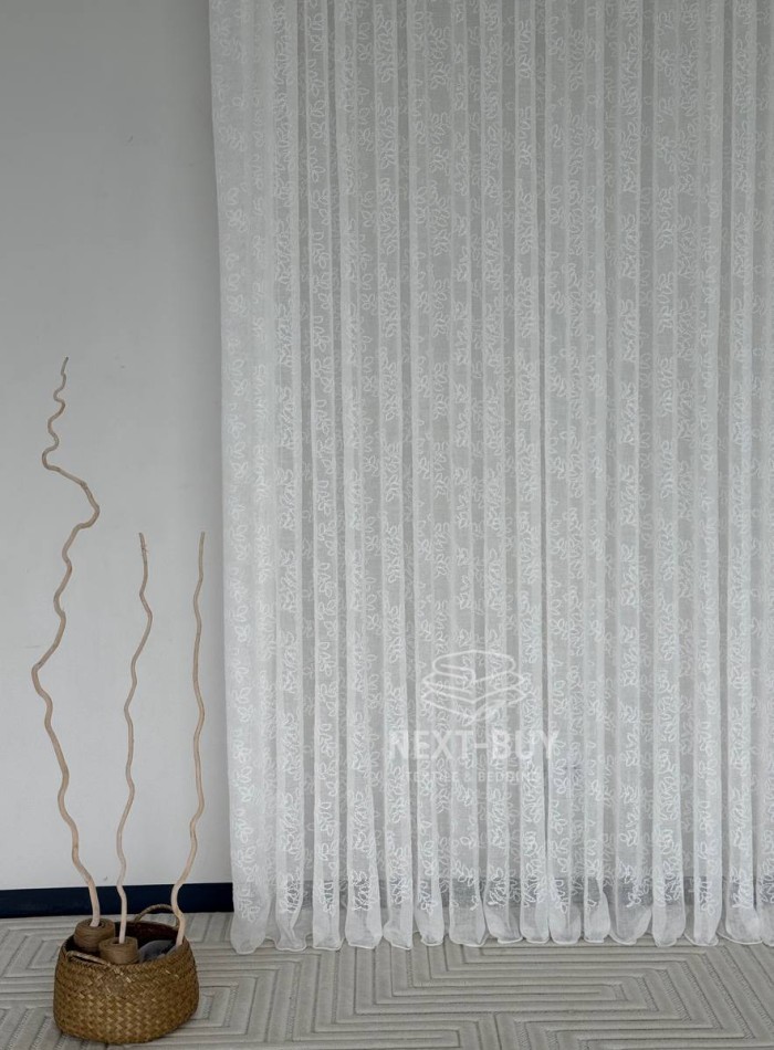 Тюль білий льон з вишивкою в листочки Linen Whisper White, Туреччина - Зображення 9