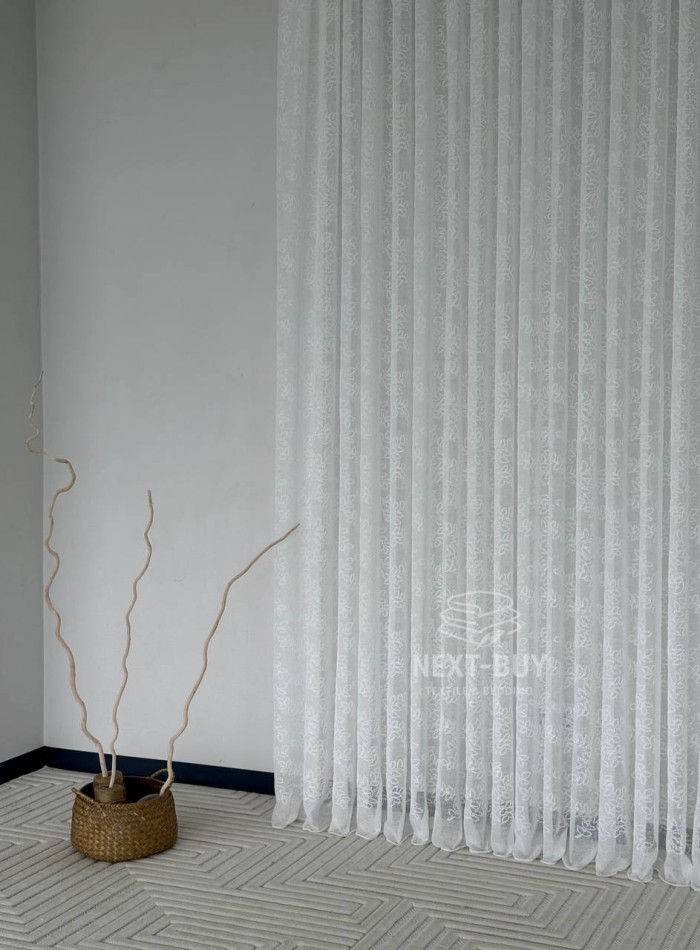 Тюль білий льон з вишивкою в листочки Linen Whisper White, Туреччина - Зображення 10