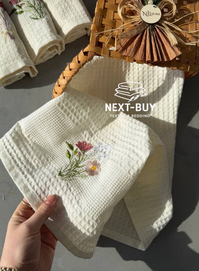 Набір кухонних рушників NILHOME Tencel з вишивкою 40×60 см (4 шт) — вафельна тканина, натуральна бавовна - Зображення 2