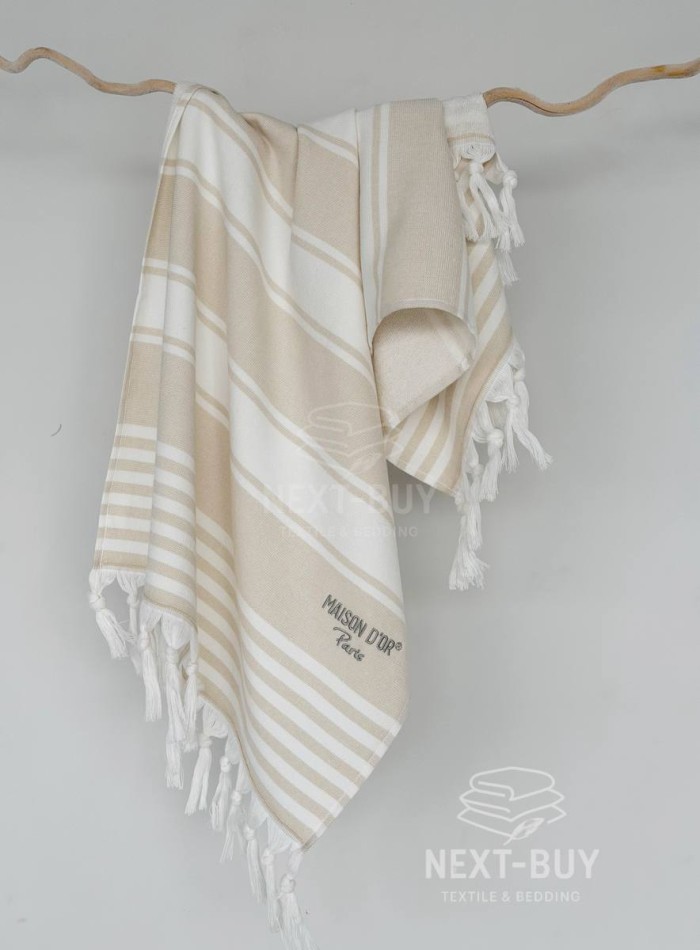 Жаккардовое полотенце с бахромой Maison D’or PRIMAVERA Beach Towel Beige White 50×100 см | 100% хлопок, махра + жаккард — изображение 5