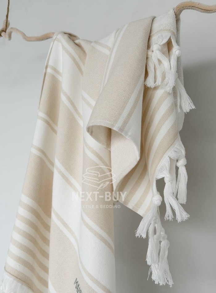 Жаккардовое полотенце с бахромой Maison D’or PRIMAVERA Beach Towel Beige White 50×100 см | 100% хлопок, махра + жаккард — изображение 3
