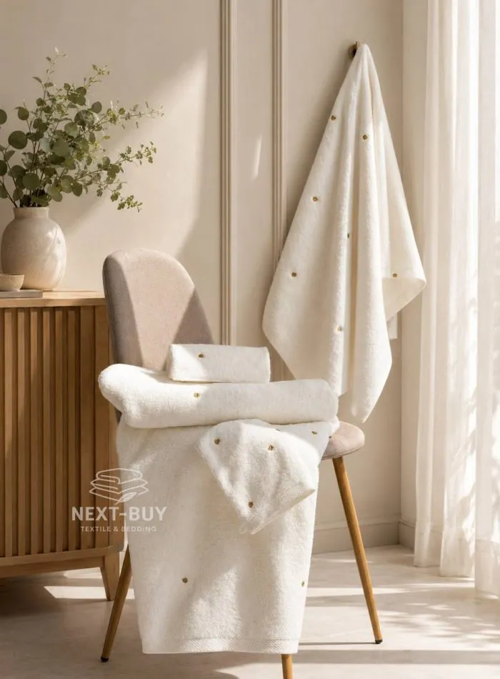 Банное полотенце Kassatex New York Zephire Eponge Adulte, кремовое с вышивкой сердечек, 90×150 см — изображение 4