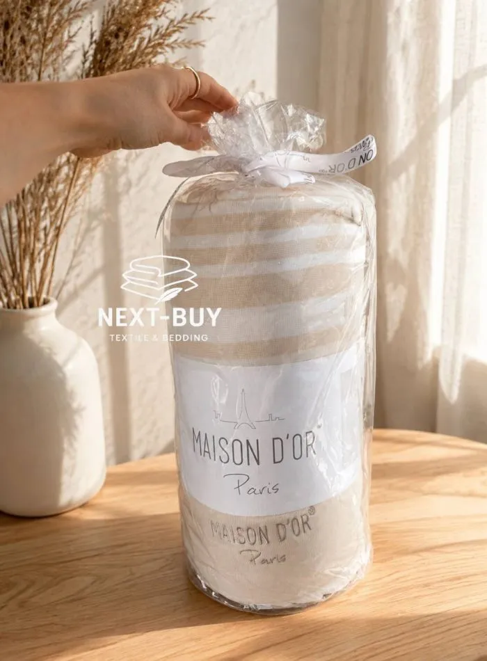 Покривало-плед махрове Maison D’or Babette Beige White 155×220 см, 100% бавовна, полуторне покривало з бахромою - Зображення 2