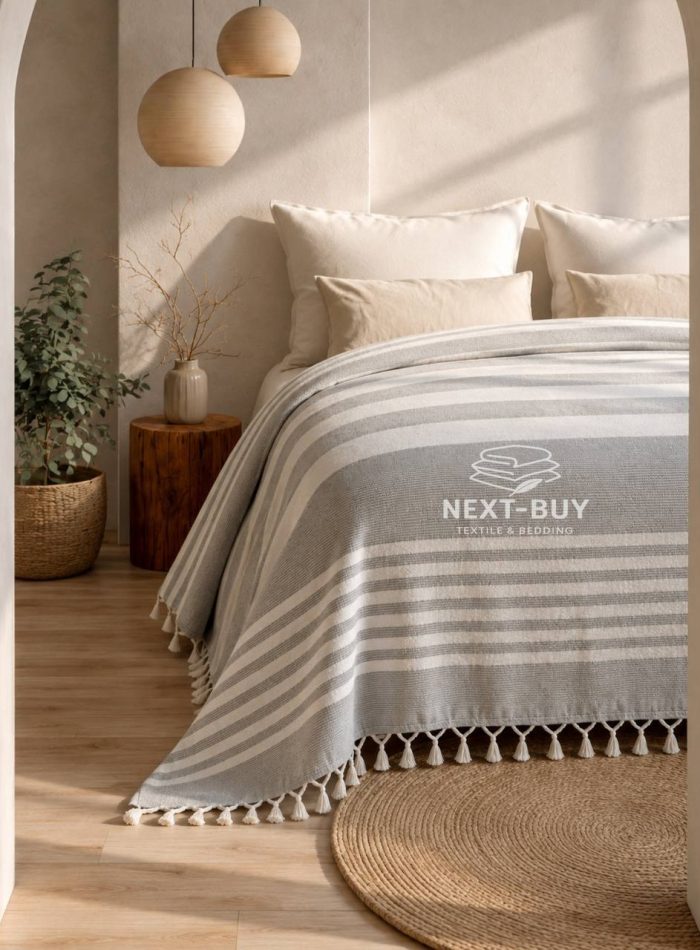 Полуторне покривало-пештемаль Maison D’or Babette Grey White 155×220 см, сіро-біле з бахромою - Зображення 3