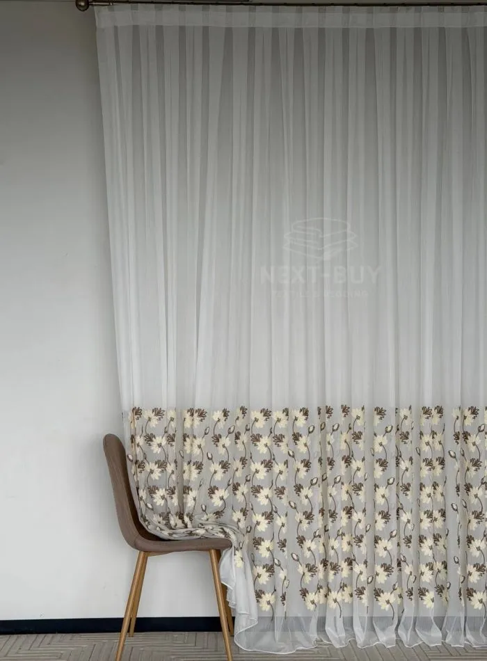 Турецький тюль з об’ємною 3D-вишивкою Brunella Ivory Bloom, білий з кремово-коричневими квітами, арт. 860 - Зображення 3