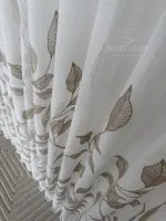 Тюль білий льон з вишивкою Mocha Leaf Whisper, біло-коричневий, Туреччина, арт. 868 - Зображення 10