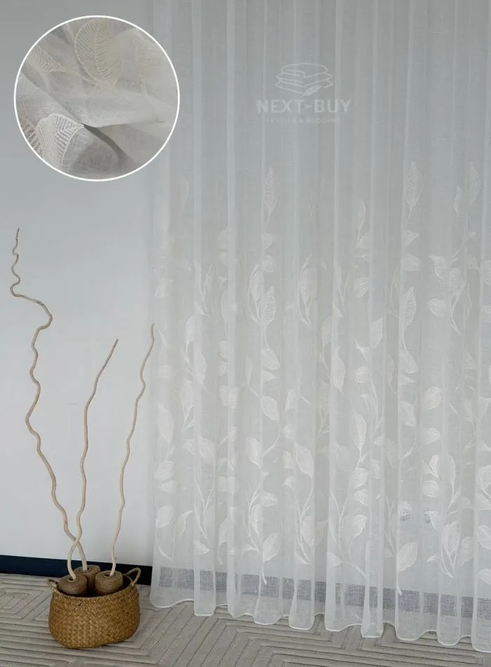 Турецький тюль-льон з вишивкою White Botanical Branch, білий, висота 3 м,  арт. 869 - Зображення 10