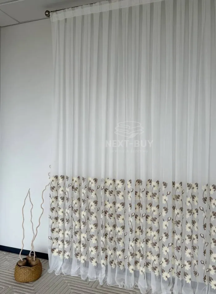 Турецький тюль з об’ємною 3D-вишивкою Brunella Ivory Bloom, білий з кремово-коричневими квітами, арт. 860 - Зображення 10