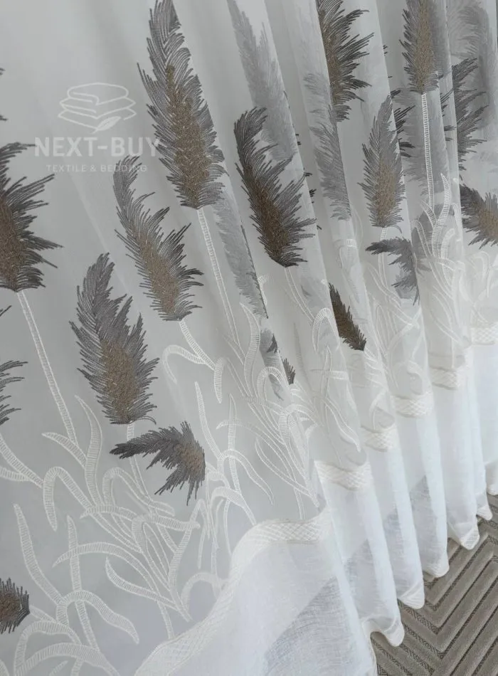 Турецький тюль льон / бамбук Silver Feather білий із сіро-коричневою вишивкою , арт. 855 - Зображення 5