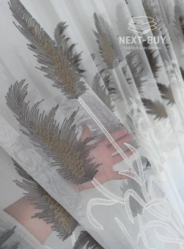 Турецький тюль льон / бамбук Silver Feather білий із сіро-коричневою вишивкою , арт. 855 - Зображення 6