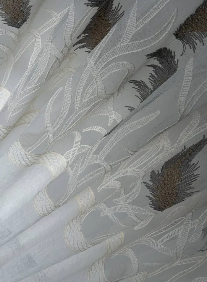 Турецький тюль льон / бамбук Silver Feather білий із сіро-коричневою вишивкою , арт. 855 - Зображення 7