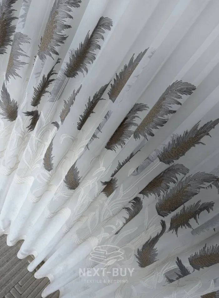 Турецький тюль льон / бамбук Silver Feather білий із сіро-коричневою вишивкою , арт. 855 - Зображення 8
