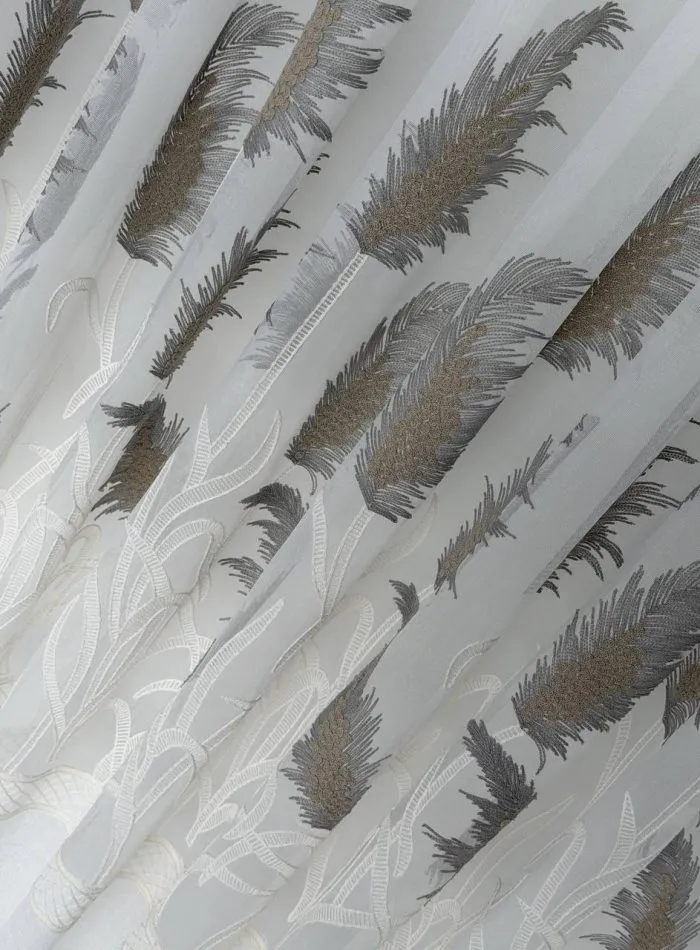 Турецький тюль льон / бамбук Silver Feather білий із сіро-коричневою вишивкою , арт. 855 - Зображення 9