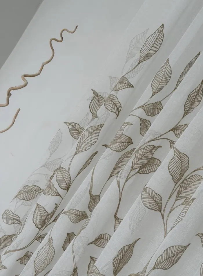 Тюль білий льон з вишивкою Mocha Leaf Whisper, біло-коричневий, Туреччина, арт. 868 - Зображення 12
