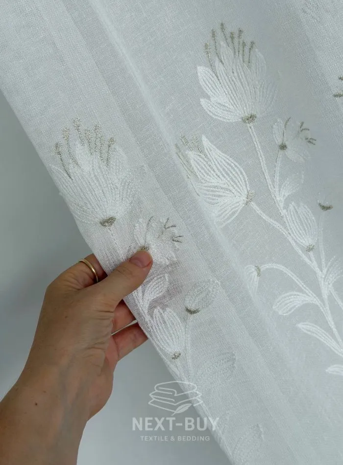 Тюль льон із квітковою вишивкою Snow-White Snowdrop, білий, висота 3 м, Туреччина, арт. 867 - Зображення 2