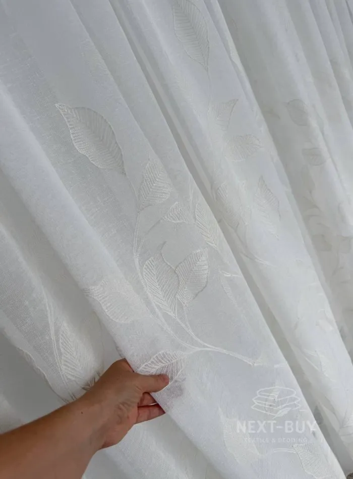 Турецький тюль-льон з вишивкою White Botanical Branch, білий, висота 3 м,  арт. 869 - Зображення 6