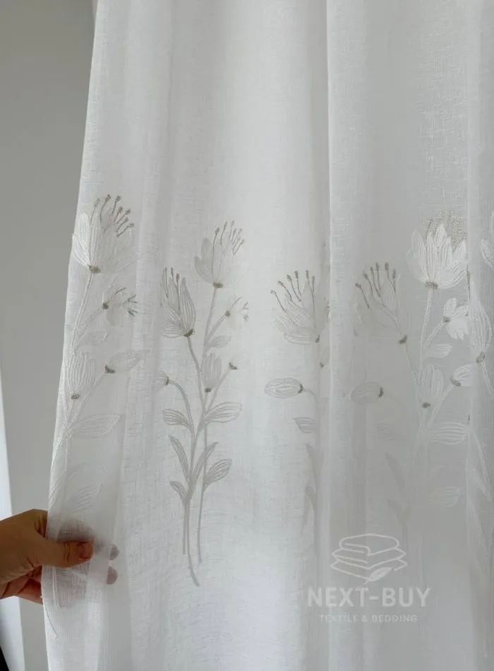 Тюль льон із квітковою вишивкою Snow-White Snowdrop, білий, висота 3 м, Туреччина, арт. 867 - Зображення 5