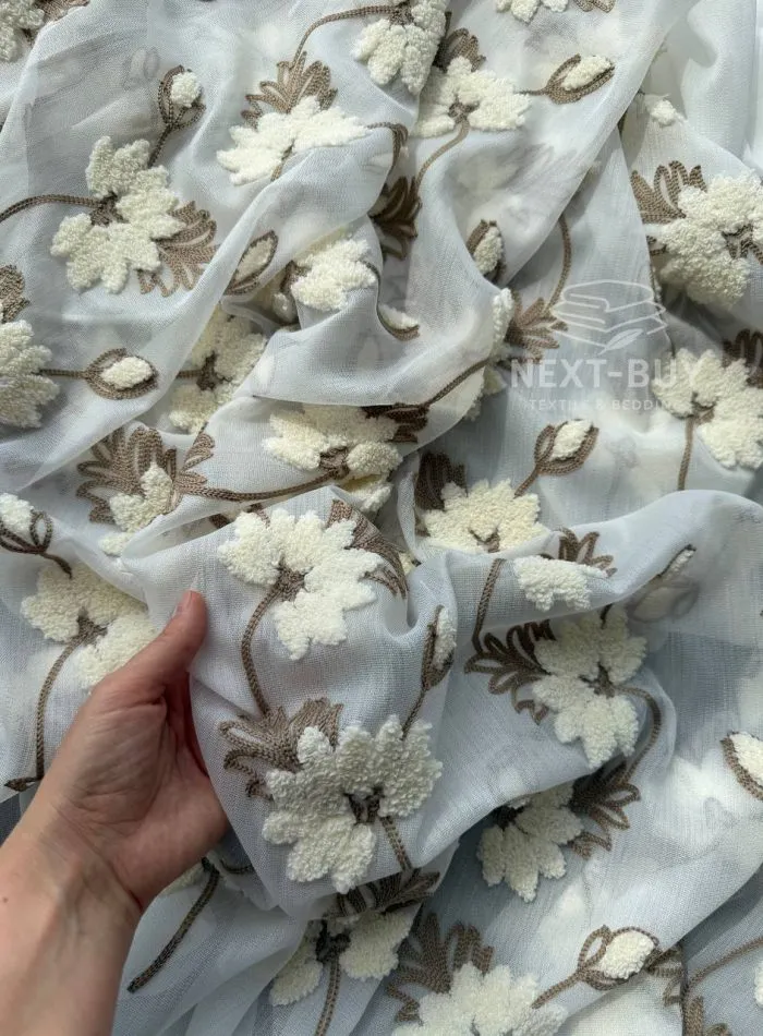 Турецький тюль з об’ємною 3D-вишивкою Brunella Ivory Bloom, білий з кремово-коричневими квітами, арт. 860 - Зображення 4