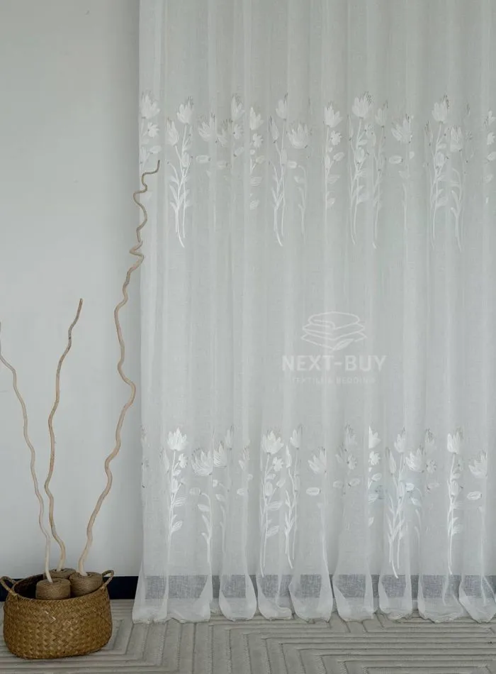Тюль льон із квітковою вишивкою Snow-White Snowdrop, білий, висота 3 м, Туреччина, арт. 867 - Зображення 12