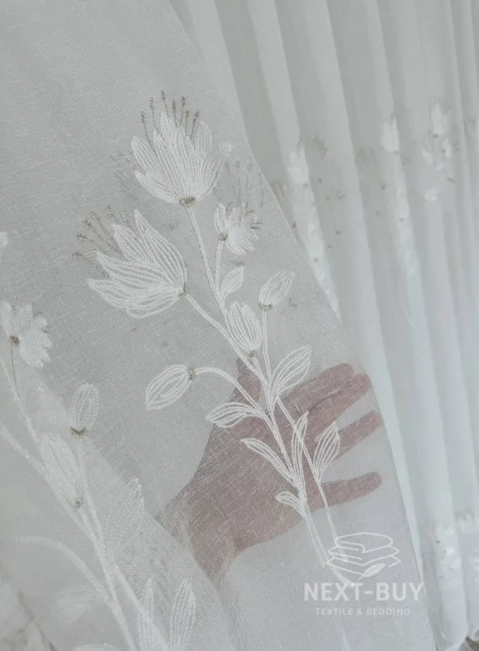 Тюль льон із квітковою вишивкою Snow-White Snowdrop, білий, висота 3 м, Туреччина, арт. 867 - Зображення 11