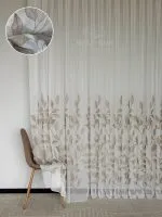 Тюль білий льон з вишивкою Mocha Leaf Whisper, біло-коричневий, Туреччина, арт. 868