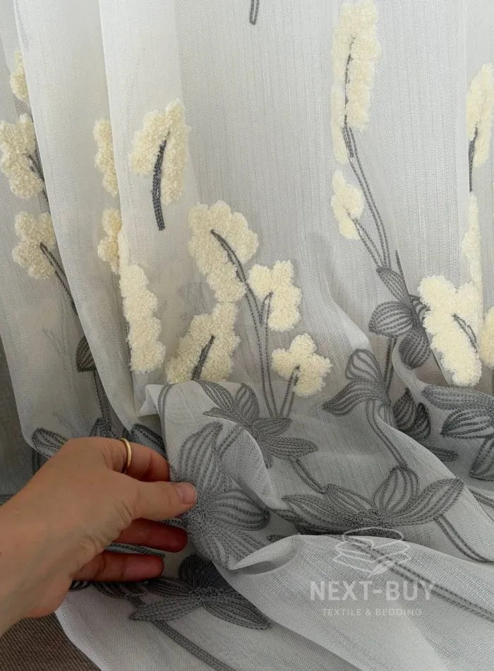 Турецкий тюль креп-бамбук с объемной 3D-вышивкой Ivory Graphite Meadow, арт. 862 — изображение 10