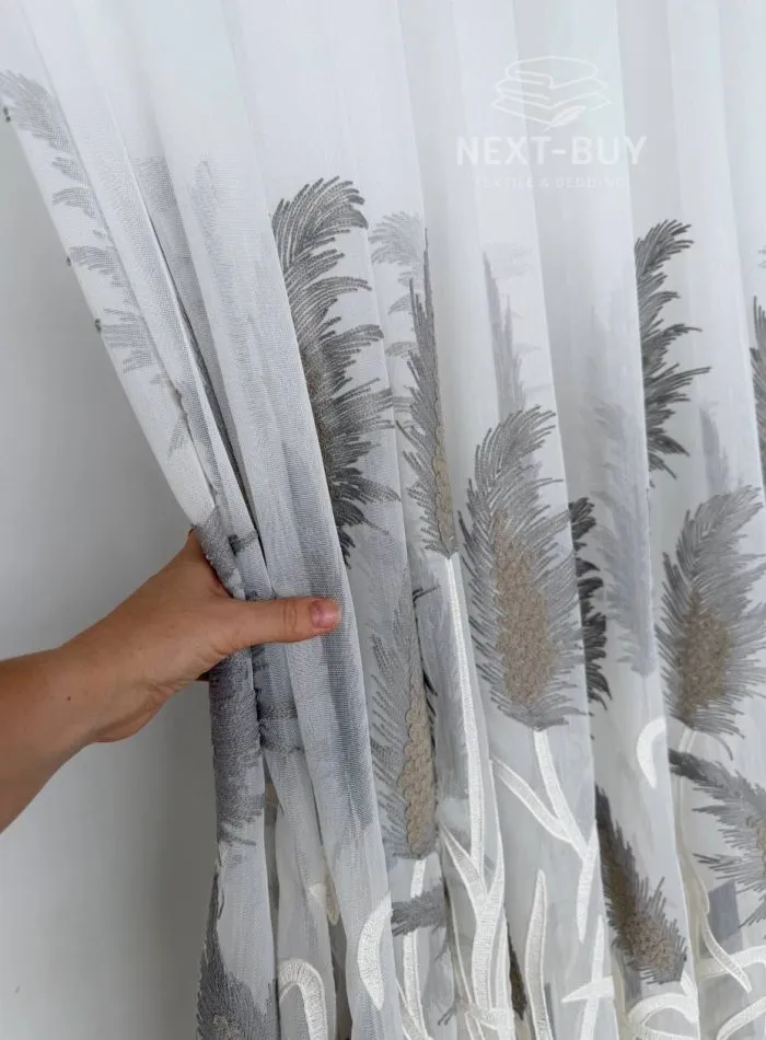 Турецький тюль креп-бамбук із вишивкою очерету Silver Feather Reed, білий, арт. 856 - Зображення 8