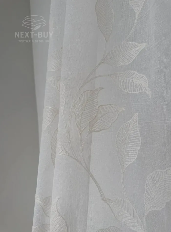 Турецький тюль-льон з вишивкою White Botanical Branch, білий, висота 3 м,  арт. 869 - Зображення 4